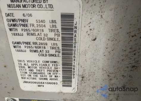 2006 Infiniti Fx35 z USA, uszkodzony, nr VIN JNRAS08U56X106093